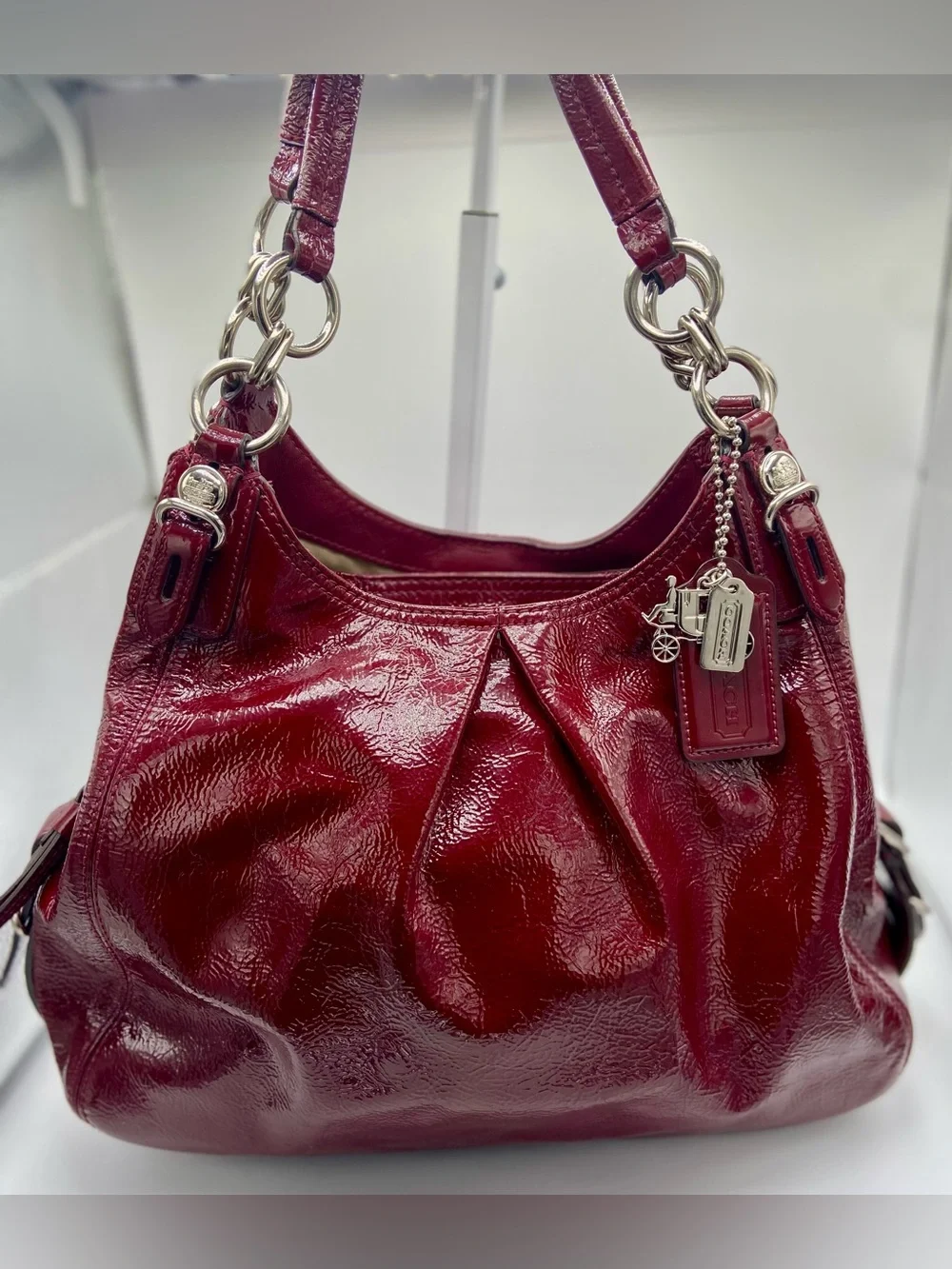 Coach Mia 15734 Burgundy Red Patent Leather Shoulder Bag Hobo Silver Hardware